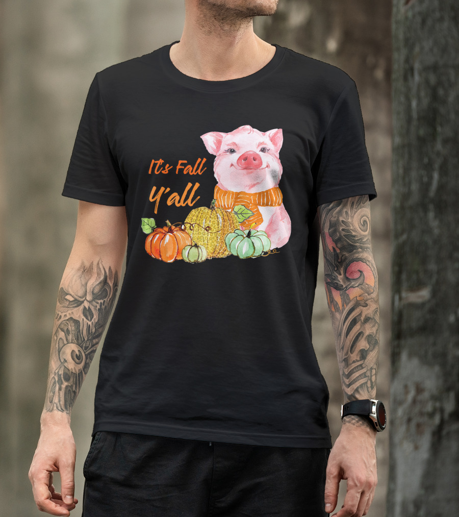 Its Fall Y'all Cute Pig With Leopard Pumpkin Scarf T-Shirt