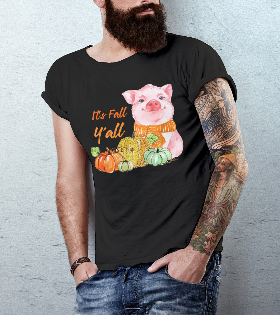 Its Fall Y'all Cute Pig With Leopard Pumpkin Scarf T-Shirt