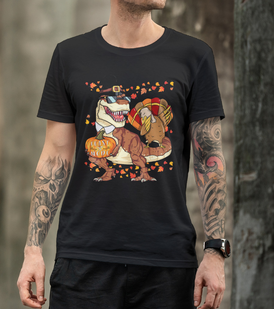 Thanksgiving Feast Mode Dinosaur With Turkey And Autumn Leaves T-Shirt