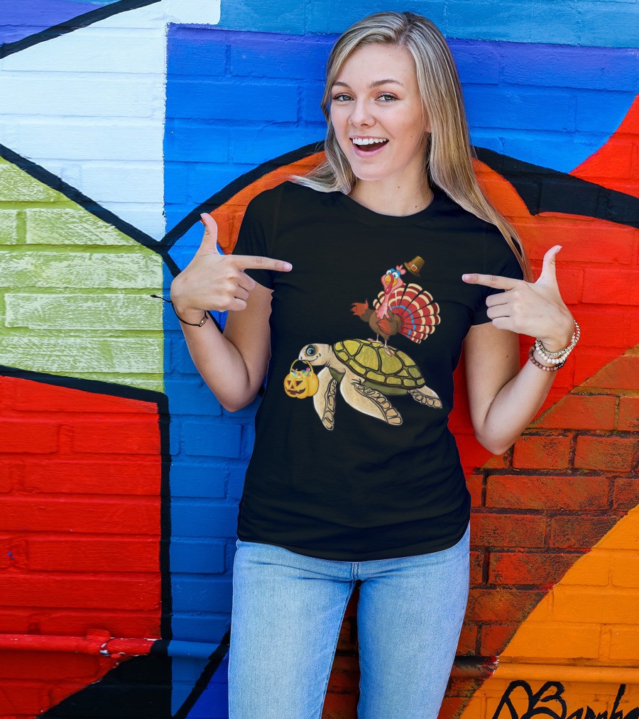 Turkey Riding Turtle Pumpkin Funny Sea Thanksgiving Halloween Fusion T-Shirt