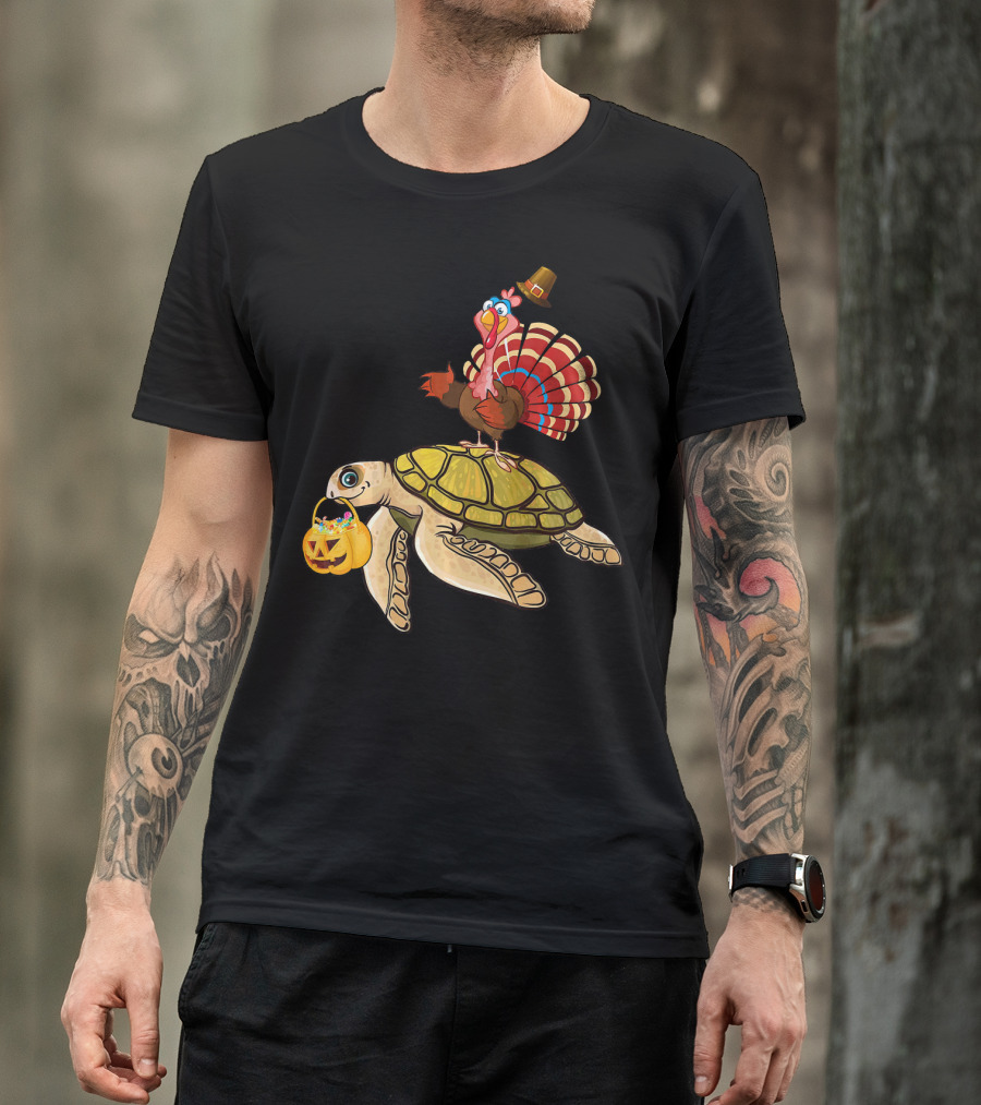Turkey Riding Turtle Pumpkin Funny Sea Thanksgiving Halloween Fusion T-Shirt