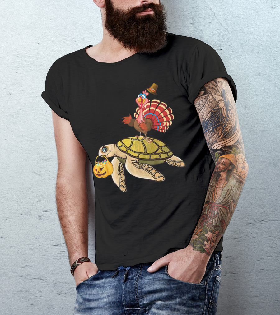 Turkey Riding Turtle Pumpkin Funny Sea Thanksgiving Halloween Fusion T-Shirt