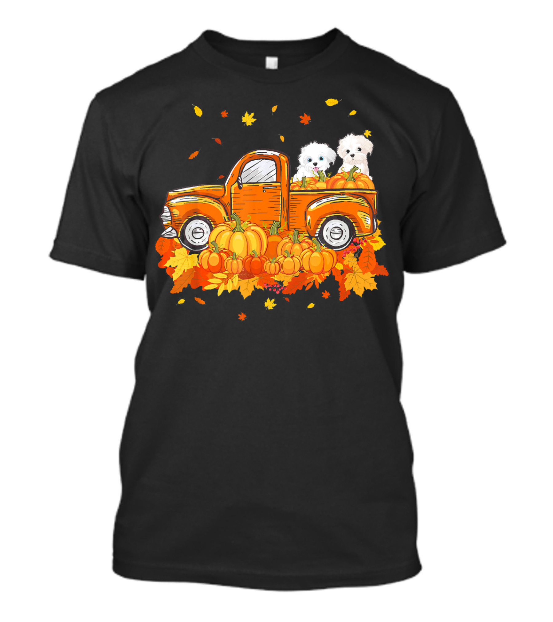 Maltese Dogs Riding Pumpkin Truck For Halloween T-Shirt