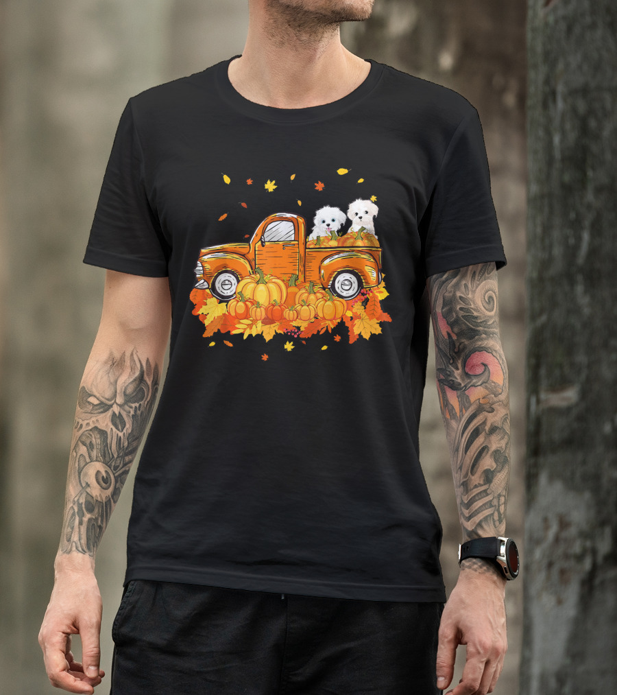 Maltese Dogs Riding Pumpkin Truck For Halloween T-Shirt