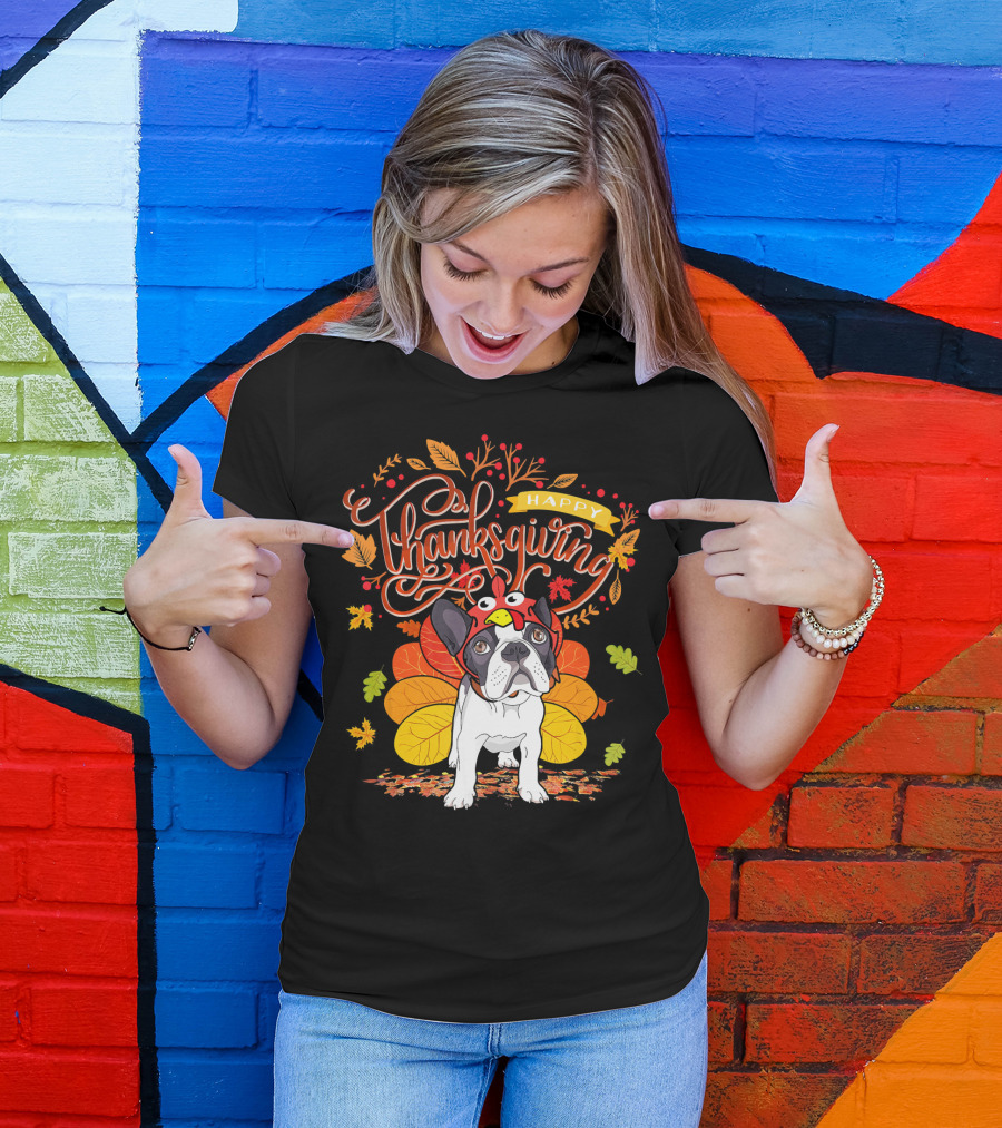 Happy Thanksgiving French Bulldog With Turkey Hat And Fall Leaves T-Shirt