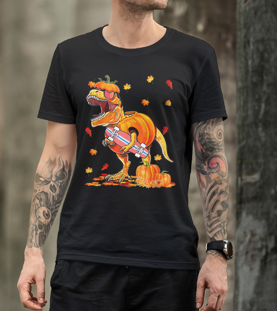 Dinosaur Pumpkin Skateboard Autumn Leaves Hall T-Shirt