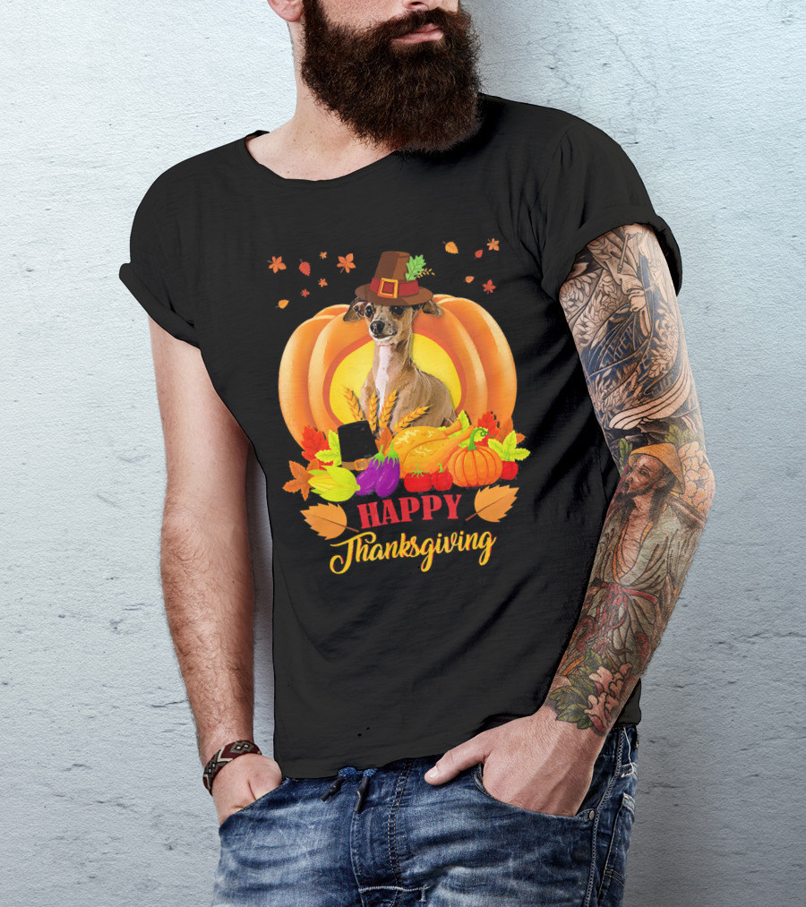 Italian Greyhound Happy Thanksgiving Pilgrim Hat Pumpkin Leaves T-Shirt