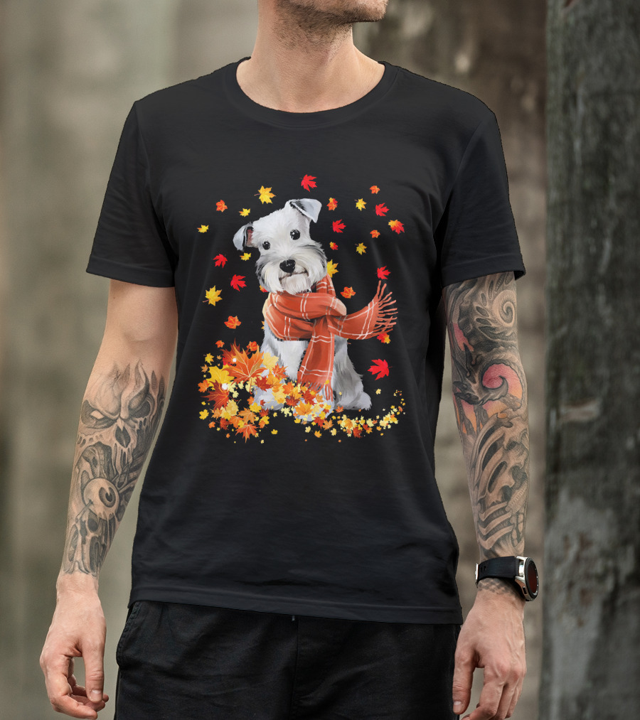 Cute Schnauzer Dog Autumn Leaves And Cozy Scarf T-Shirt