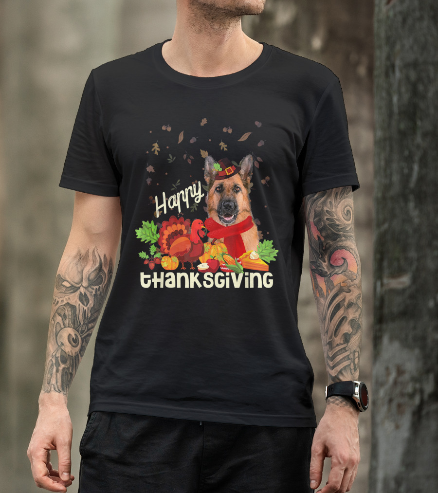 Happy Thanksgiving Pilgrim German Shepherd With Turkey And Fall Leaves T-Shirt