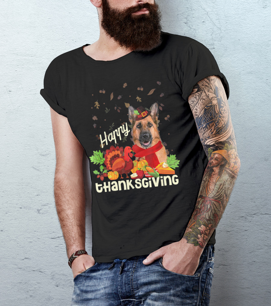 Happy Thanksgiving Pilgrim German Shepherd With Turkey And Fall Leaves T-Shirt