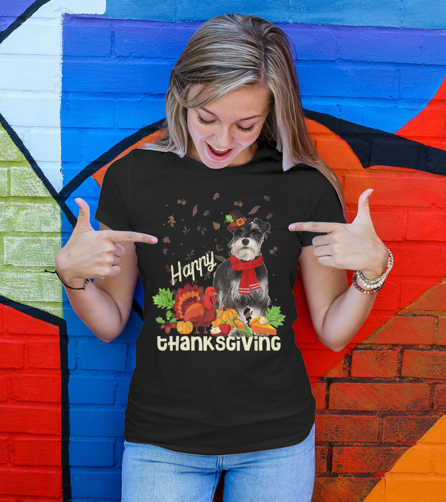 Happy Thanksgiving Pilgrim Miniature Schnauzer Turkey Pumpkin Pie Autumn Leaves T-Shirt