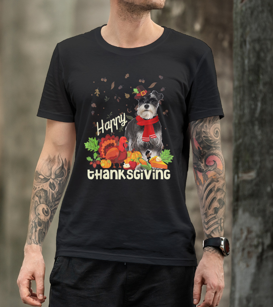 Happy Thanksgiving Pilgrim Miniature Schnauzer Turkey Pumpkin Pie Autumn Leaves T-Shirt