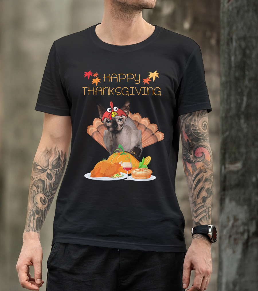 Happy Thanksgiving Sphynx Cat Turkey Feast T-Shirt
