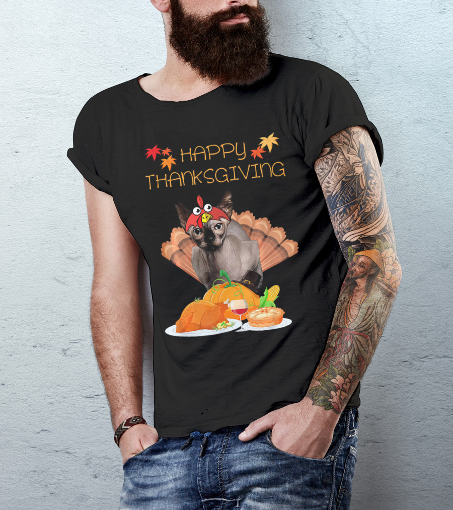 Happy Thanksgiving Sphynx Cat Turkey Feast T-Shirt