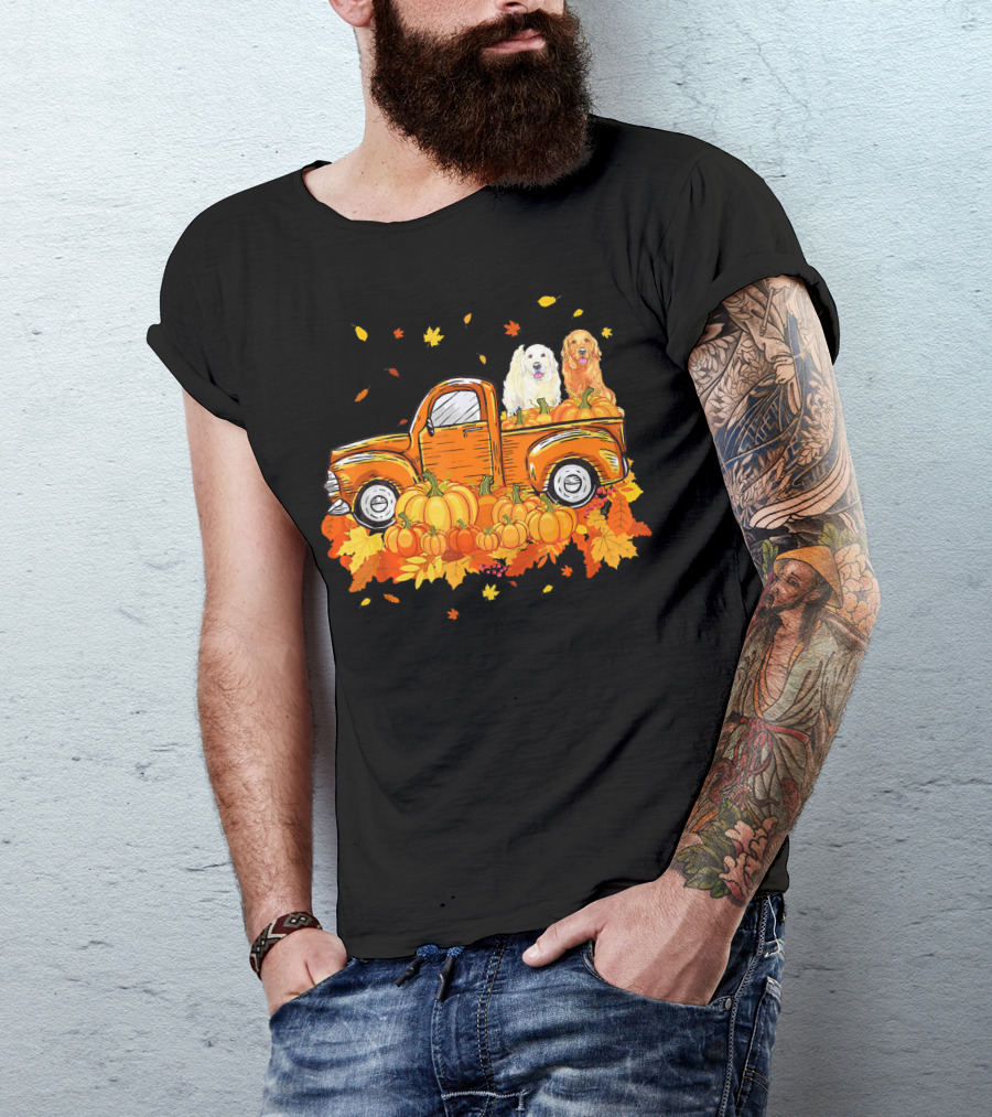 Golden Retriever Puppies In Vintage Pumpkin Truck With Autumn Leaves T-Shirt
