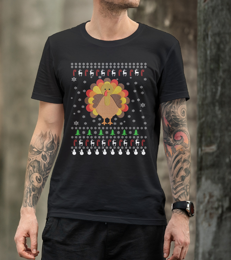 Thanksgiving Turkey With Snowflakes Reindeer Trees And Candy Canes T-Shirt