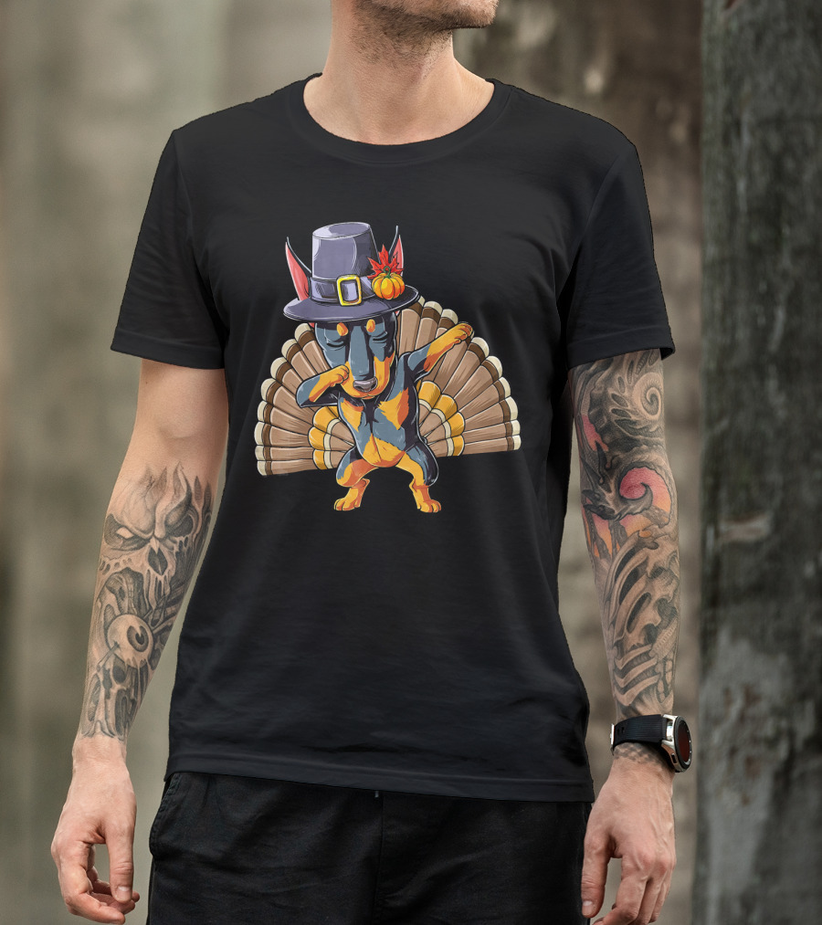 Thanksgiving Pilgrim Hat Dabbing Dog With Turkey Feathers T-Shirt