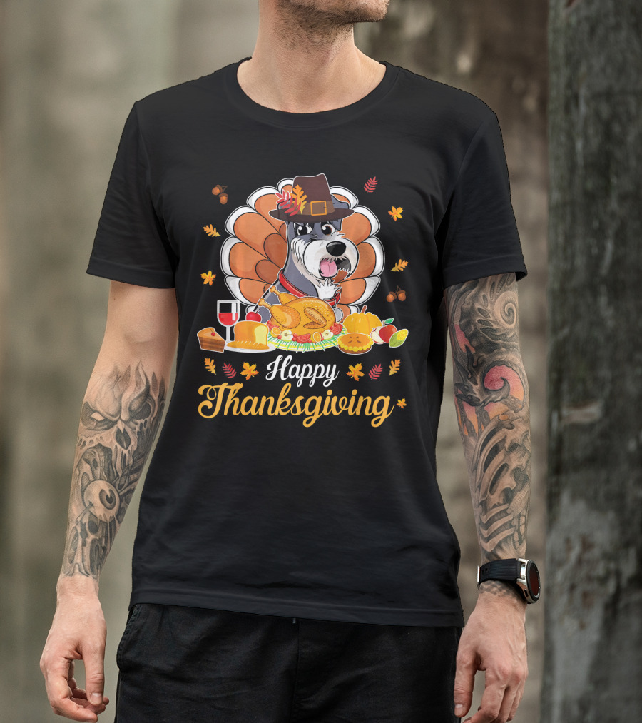 Happy Thanksgiving Schnauzer Pilgrim Turkey Feast Wine T-Shirt
