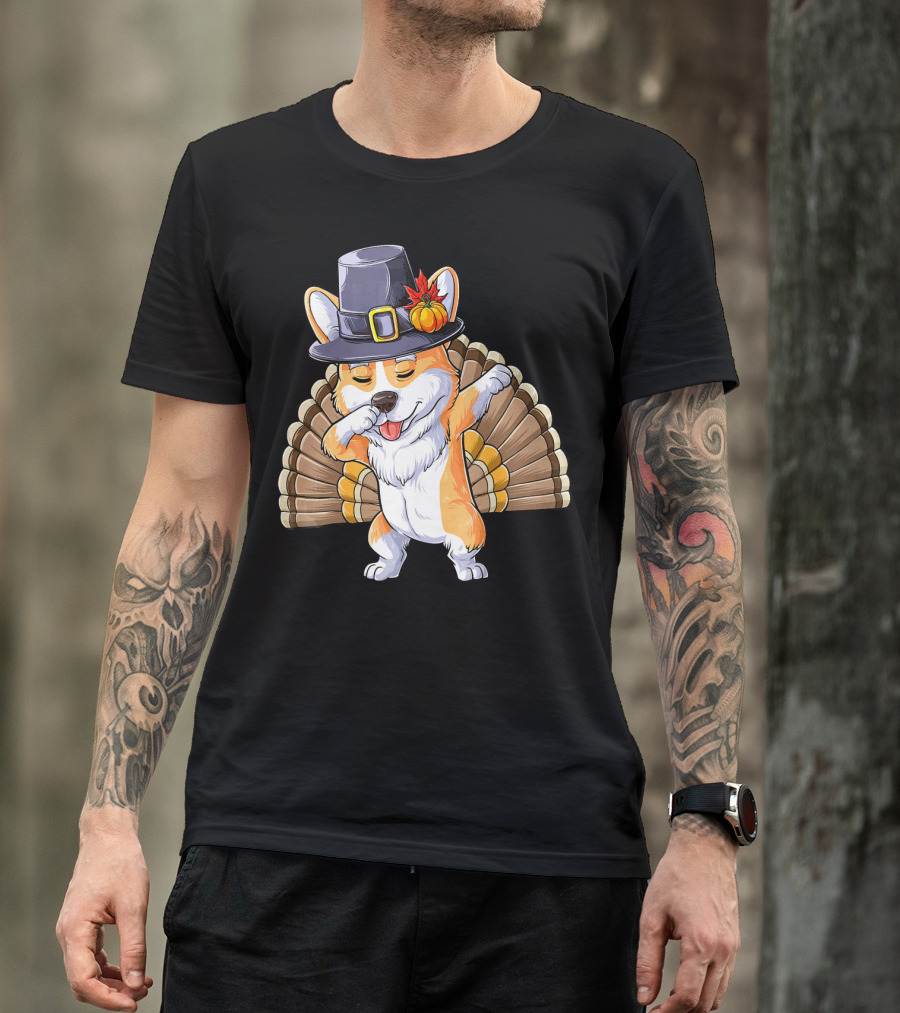 Thanksgiving Dabbing Corgi Pilgrim Hat Turkey Tail T-Shirt