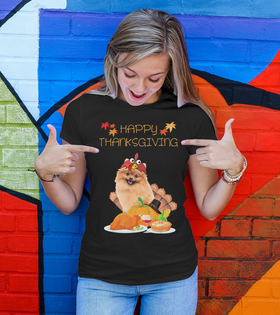 Happy Thanksgiving Day Pomeranian Turkey Pumpkin Pie T-Shirt