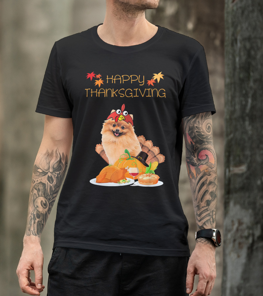 Happy Thanksgiving Day Pomeranian Turkey Pumpkin Pie T-Shirt