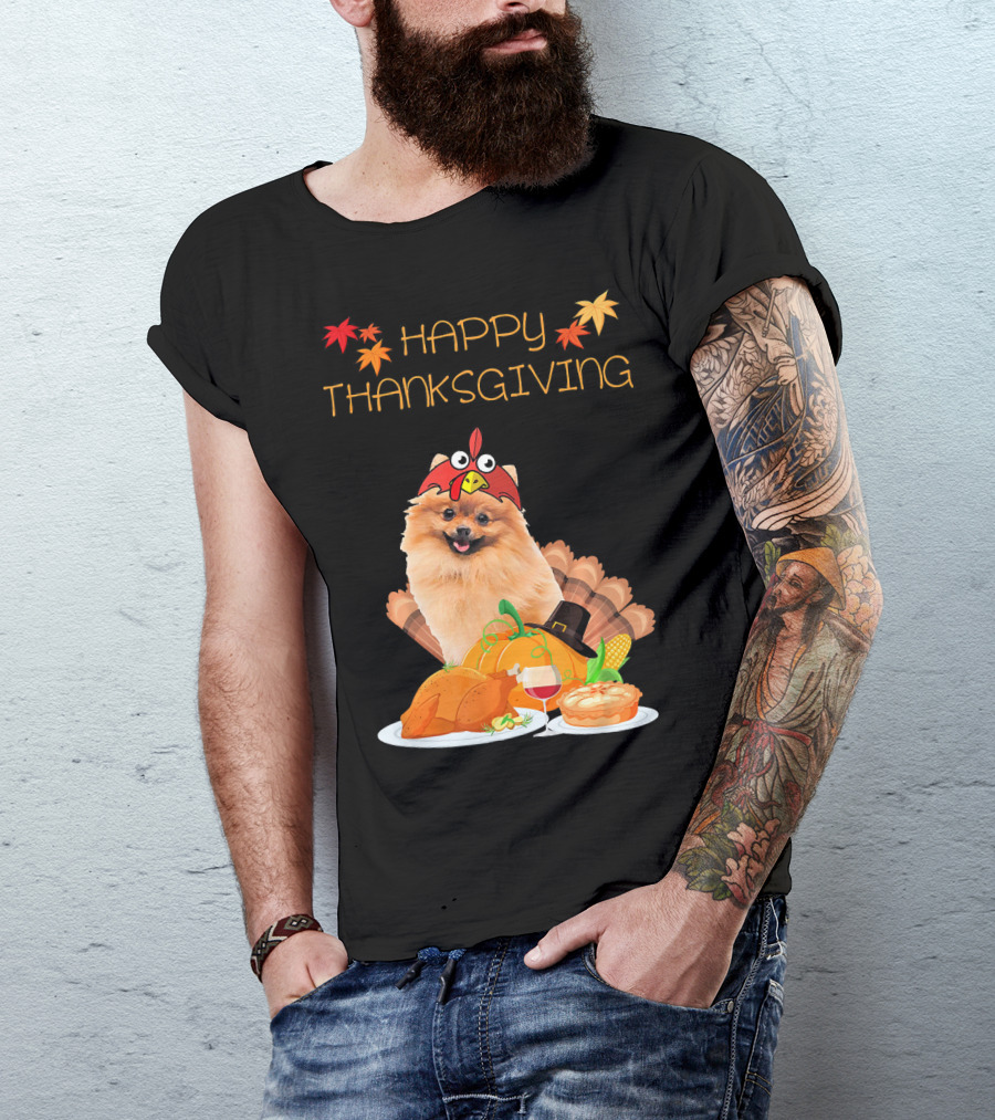 Happy Thanksgiving Day Pomeranian Turkey Pumpkin Pie T-Shirt