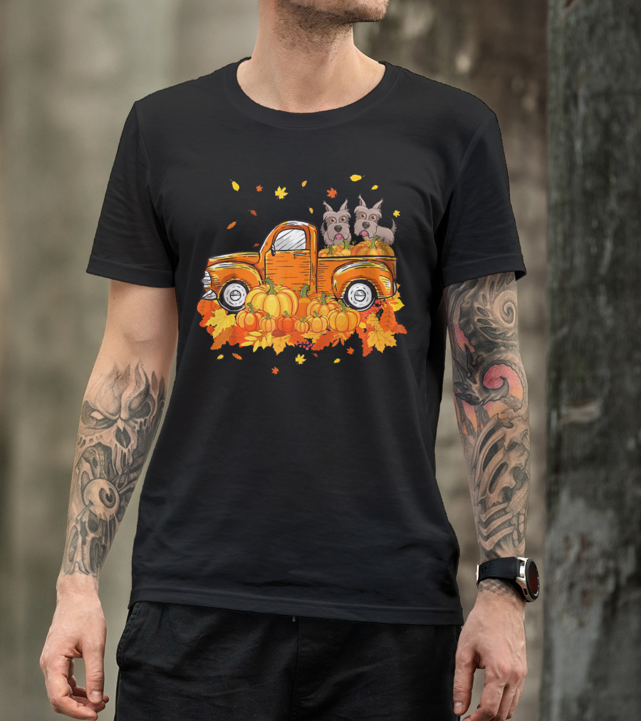 Scottie Dogs In Pumpkin-Filled Truck Surrounded By Autumn Leaves Halloween T-Shirt