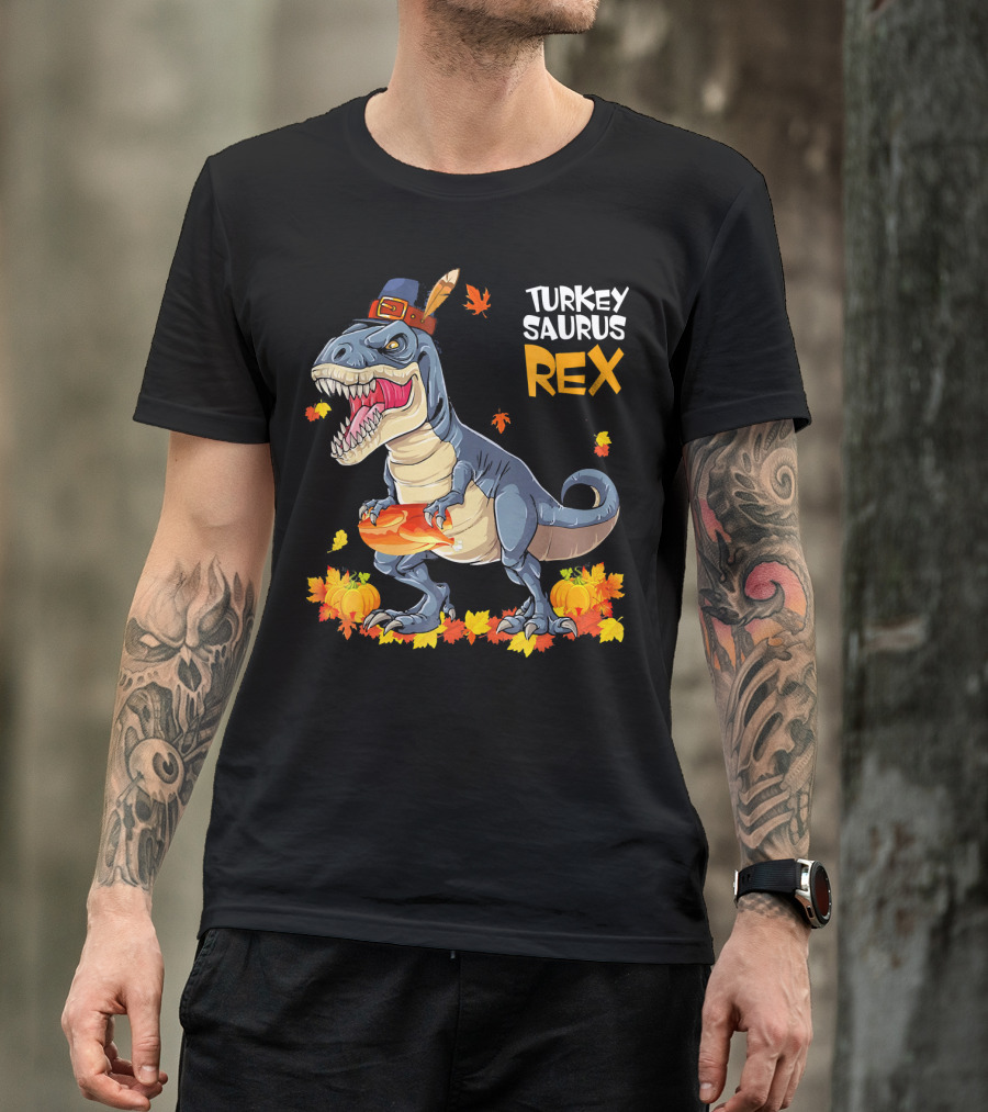 Turkey Saurus Rex Pilgrim Dinosaur Fall Leaves Pumpkins T-Shirt
