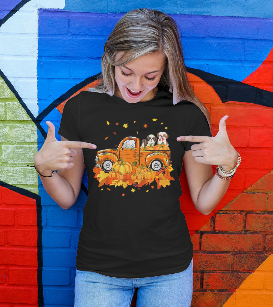 Shih Tzu Puppies In Pumpkin Truck With Autumn Leaves For Halloween T-Shirt