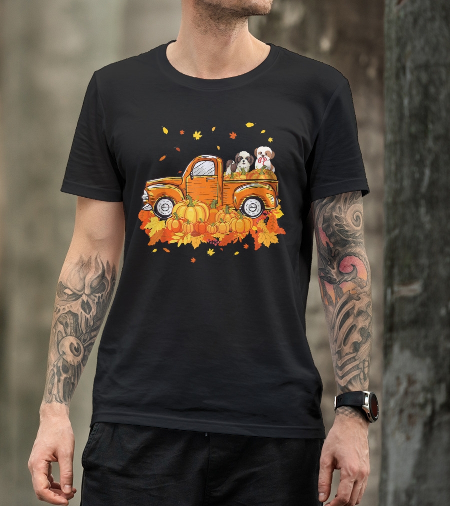 Shih Tzu Puppies In Pumpkin Truck With Autumn Leaves For Halloween T-Shirt