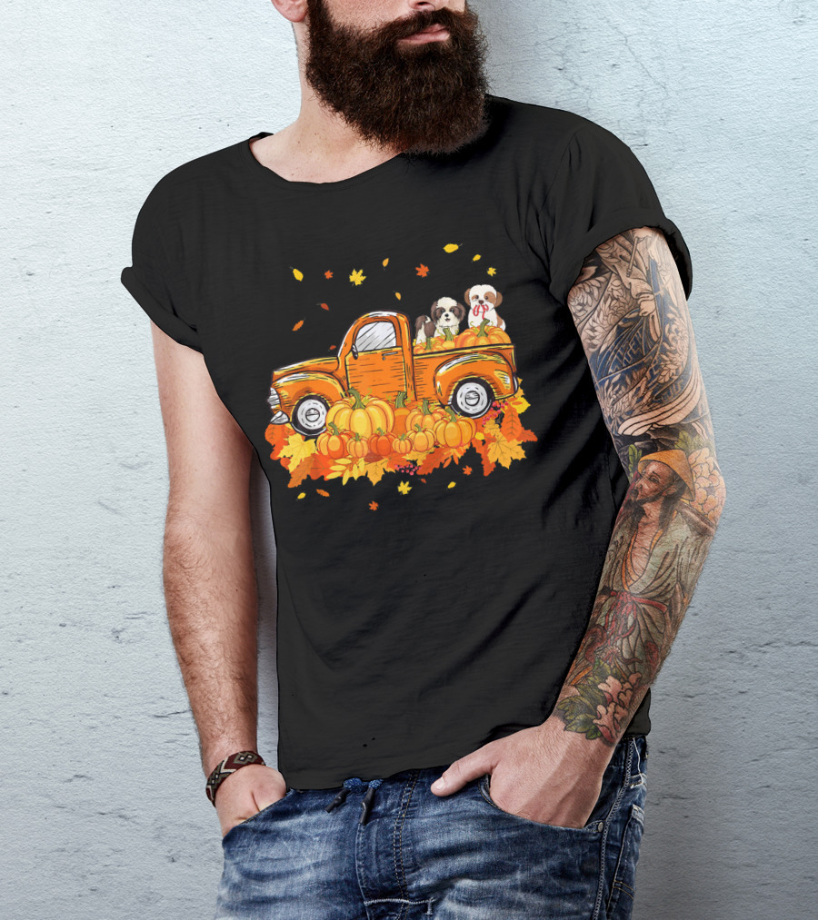 Shih Tzu Puppies In Pumpkin Truck With Autumn Leaves For Halloween T-Shirt