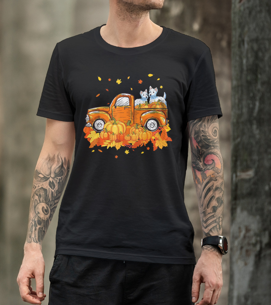Westie Dogs In Pumpkin Truck With Fall Leaves Halloween T-Shirt