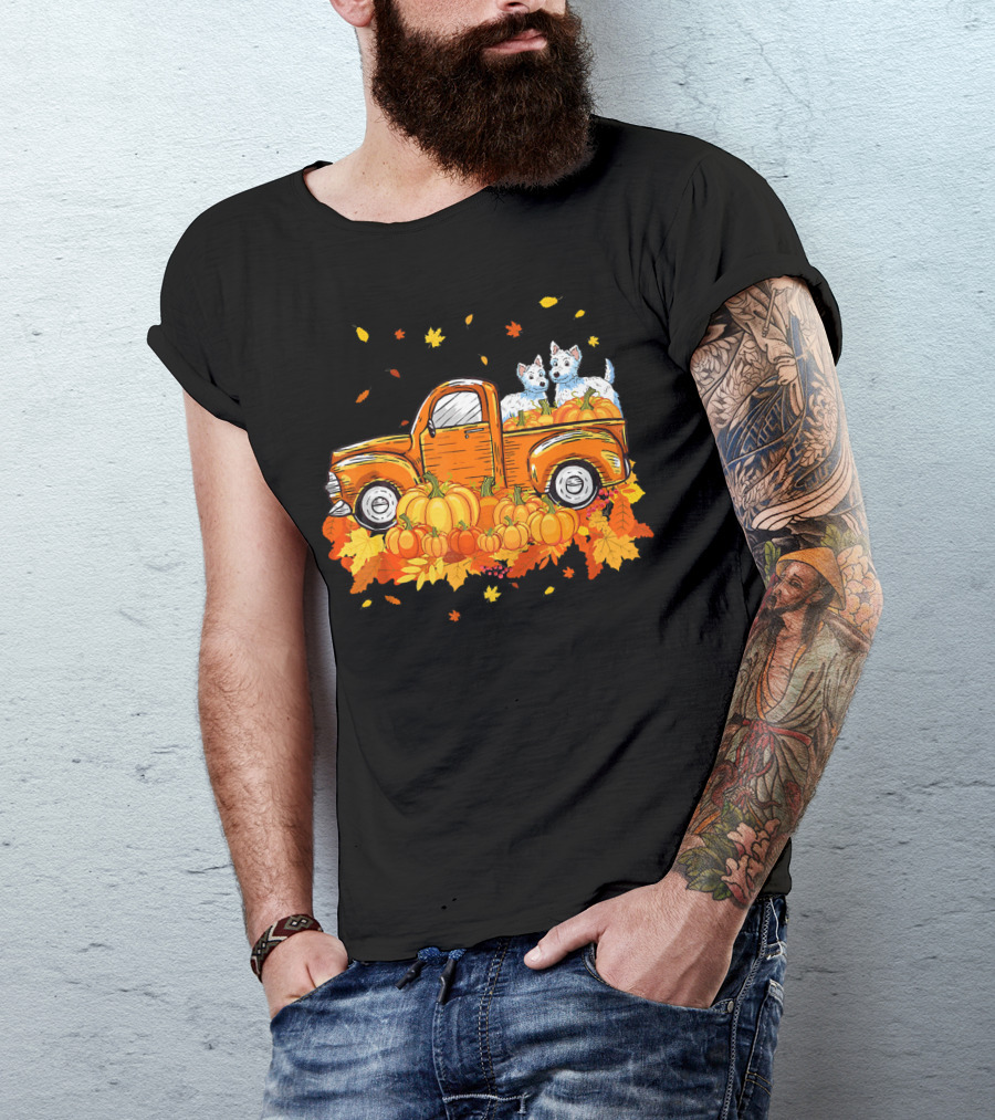 Westie Dogs In Pumpkin Truck With Fall Leaves Halloween T-Shirt