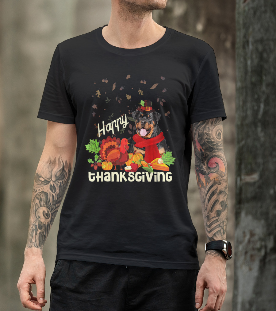 Happy Thanksgiving Pilgrim Rottweiler Turkey Feast With Autumn Leaves And Fruit T-Shirt