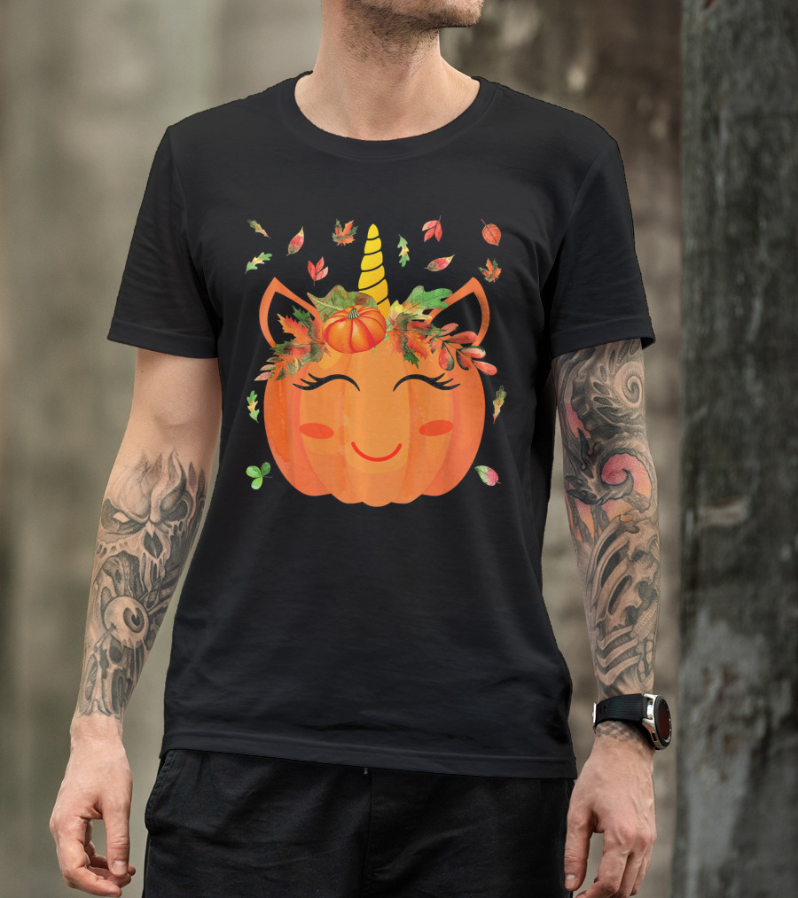 Cute Unicorn Pumpkin With Autumn Leaves And Horn T-Shirt