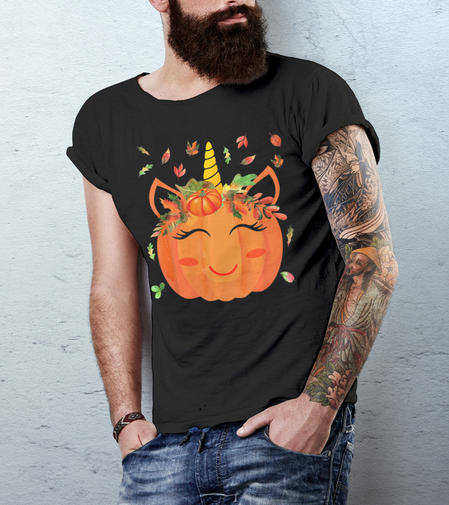 Cute Unicorn Pumpkin With Autumn Leaves And Horn T-Shirt