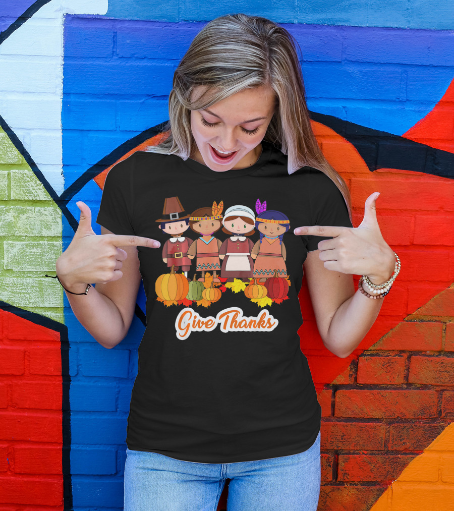 Give Thanks Thanksgiving Pilgrim And Native American With Pumpkins T-Shirt
