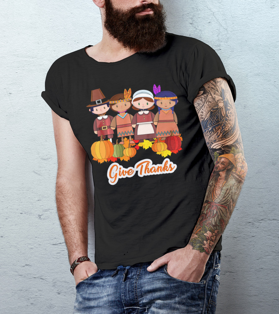 Give Thanks Thanksgiving Pilgrim And Native American With Pumpkins T-Shirt