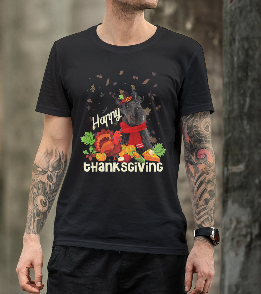 Happy Thanksgiving Pilgrim Scottish Terrier With Turkey And Fall Leaves T-Shirt