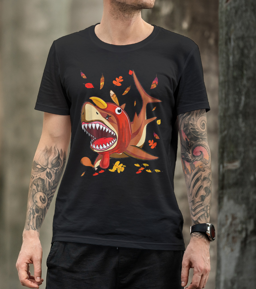 Thanksgiving Shark Doo Doo Doo Turkey Costume With Fall Leaves T-Shirt