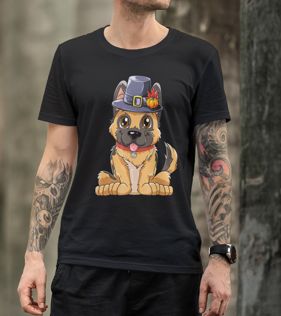 Thanksgiving Kids German Shepherd Cartoon Dog With Pilgrim Hat And Pumpkin T-Shirt