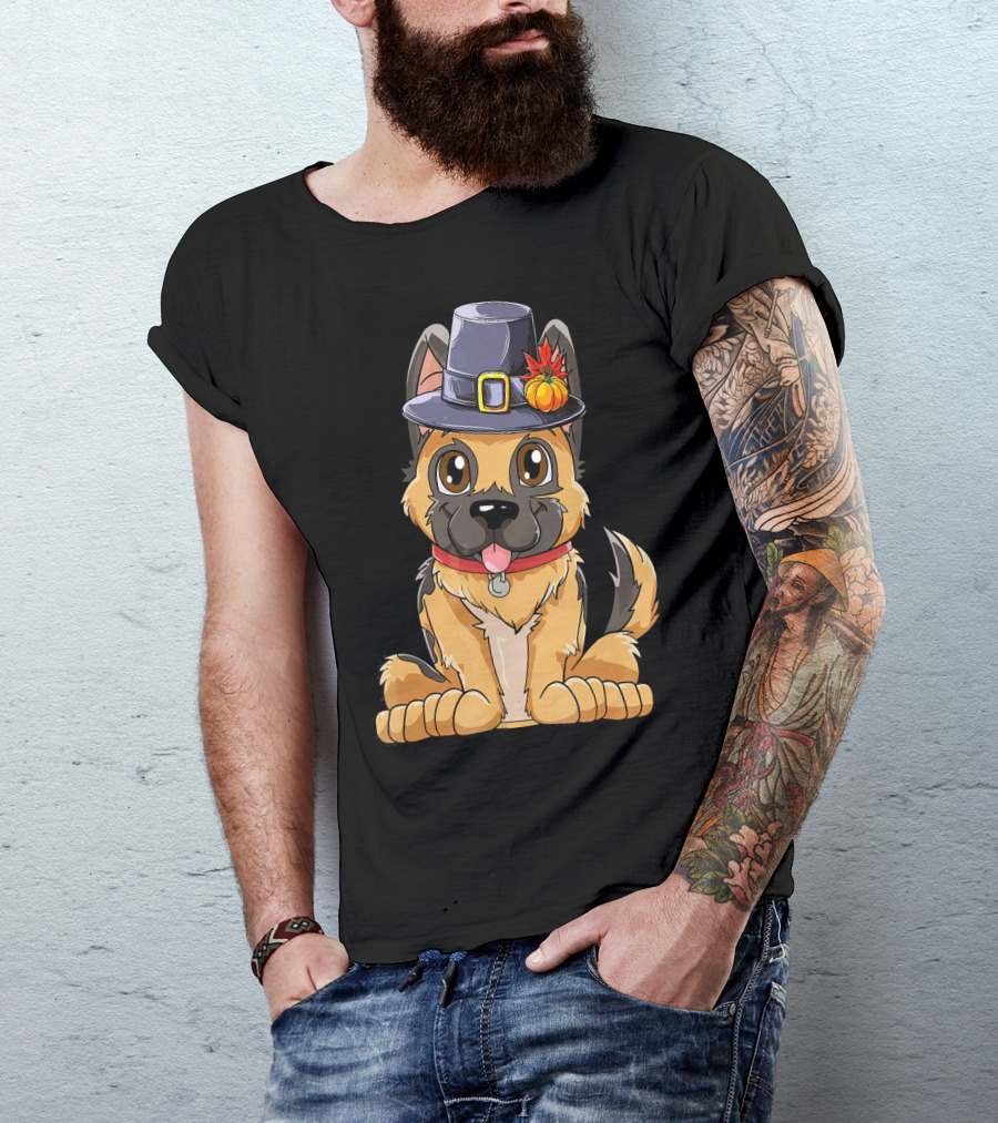 Thanksgiving Kids German Shepherd Cartoon Dog With Pilgrim Hat And Pumpkin T-Shirt