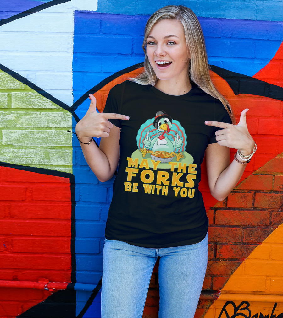 Cute Thanksgiving Turkey May The Forks Be With You Holiday T-Shirt