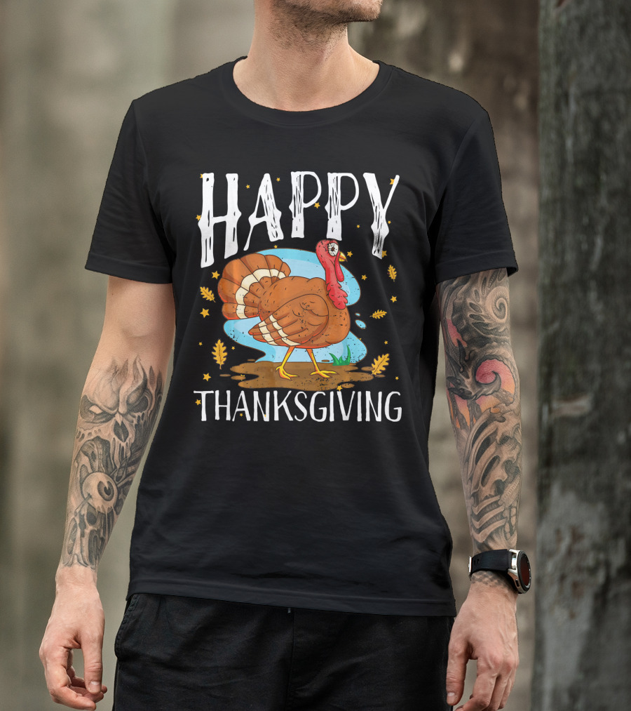 Happy Thanksgiving Funny Turkey Comic Style Leaves Stars T-Shirt