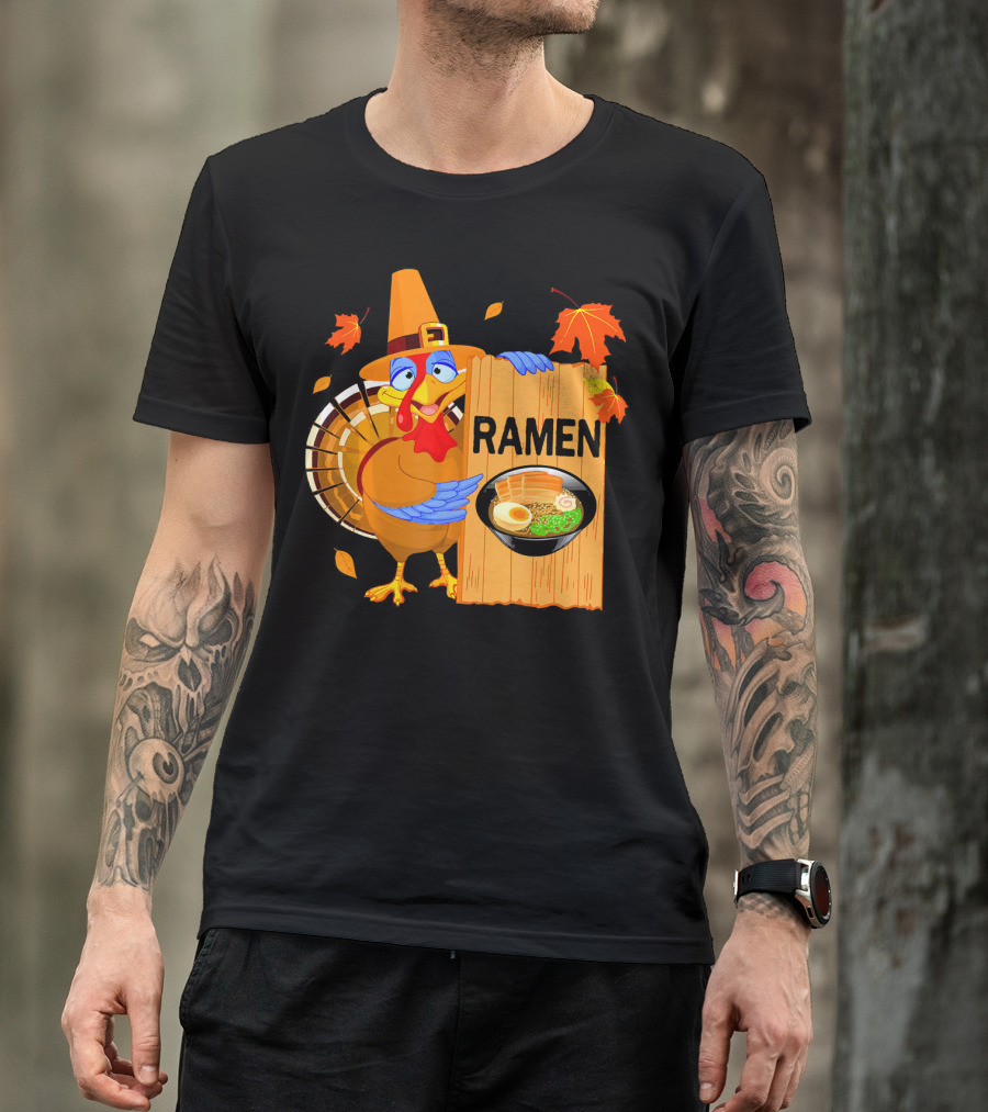Thanksgiving Turkey With Ramen Bowl And Leaves T-Shirt
