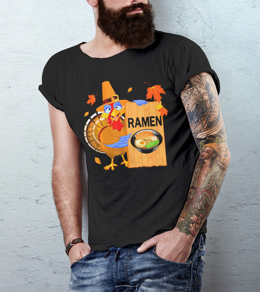 Thanksgiving Turkey With Ramen Bowl And Leaves T-Shirt