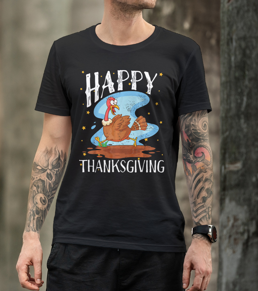 Happy Thanksgiving Running Turkey Cartoon T-Shirt