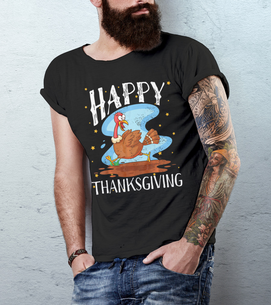 Happy Thanksgiving Running Turkey Cartoon T-Shirt