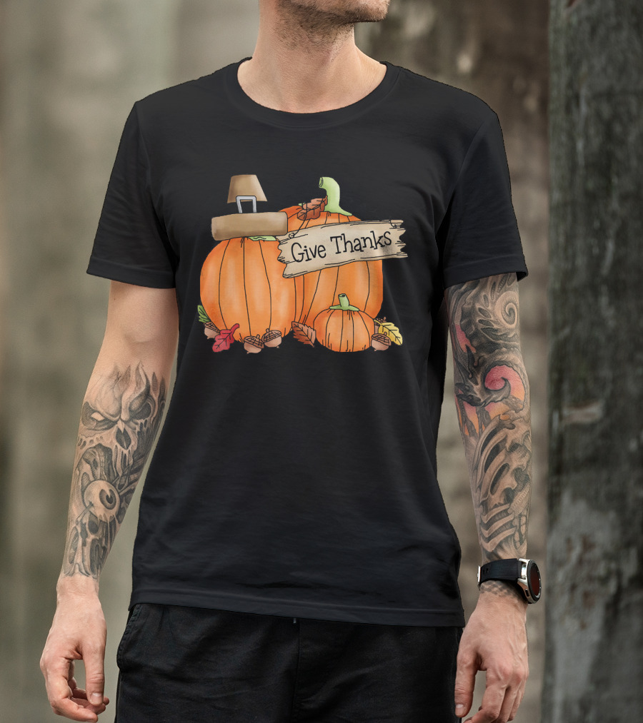 Give Thanks Pumpkin Pilgrim Hat Leaves Acorns T-Shirt