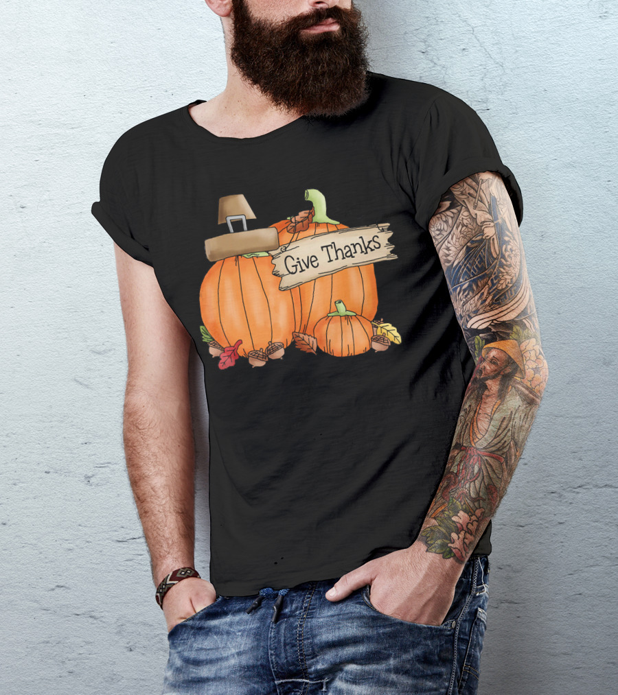 Give Thanks Pumpkin Pilgrim Hat Leaves Acorns T-Shirt